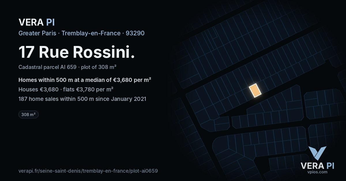 17 Rue Rossini, Tremblay-en-France at night – the plot lit, the parcels around coloured by the prices near them