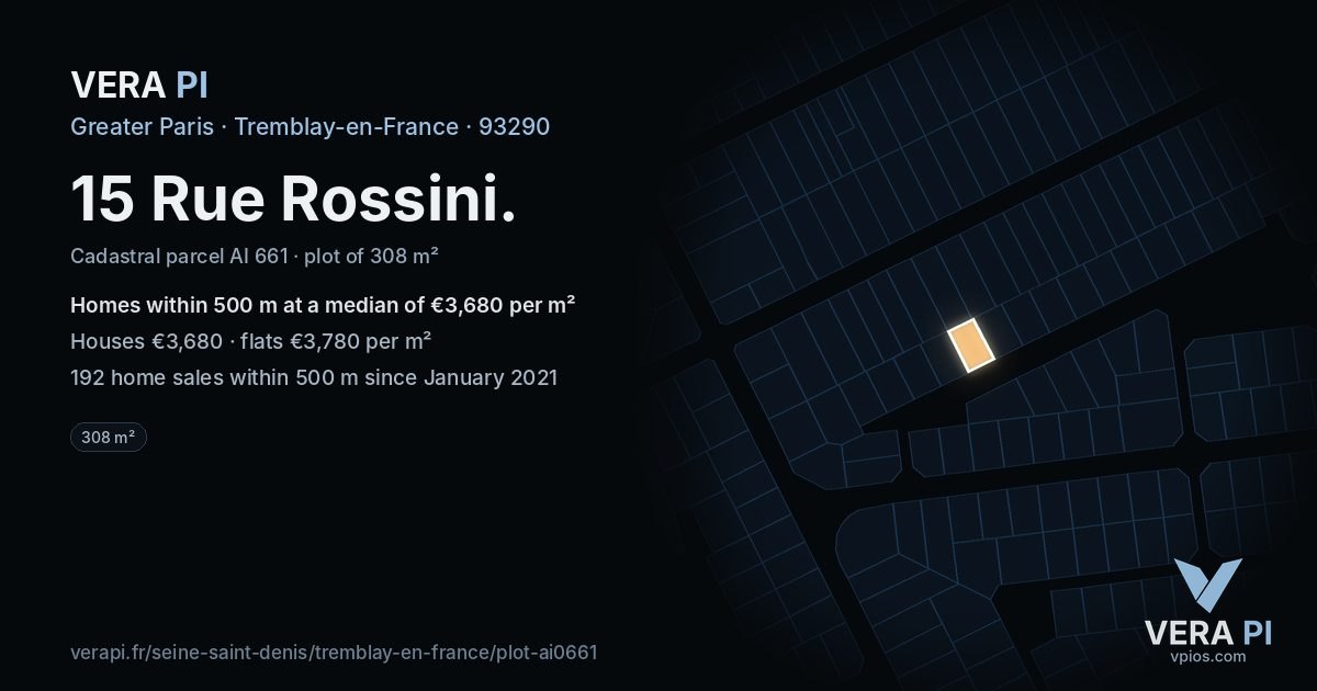 15 Rue Rossini, Tremblay-en-France at night – the plot lit, the parcels around coloured by the prices near them