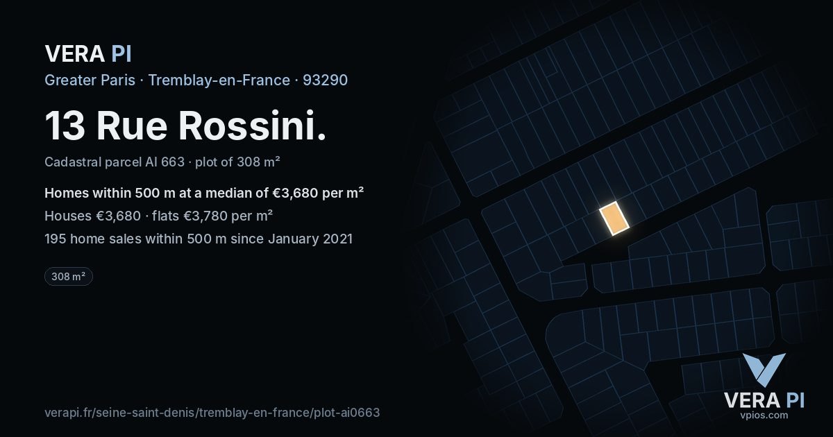 13 Rue Rossini, Tremblay-en-France at night – the plot lit, the parcels around coloured by the prices near them