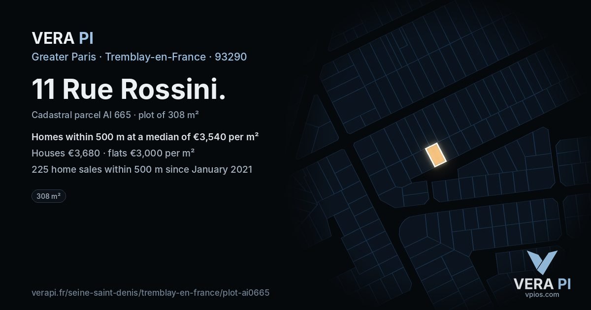 11 Rue Rossini, Tremblay-en-France at night – the plot lit, the parcels around coloured by the prices near them