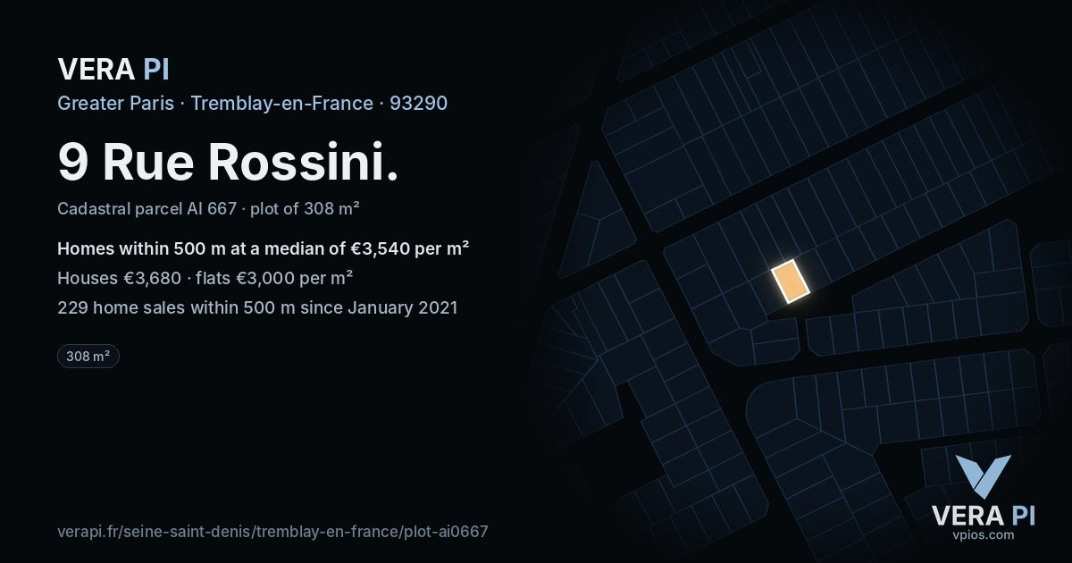 9 Rue Rossini, Tremblay-en-France at night – the plot lit, the parcels around coloured by the prices near them