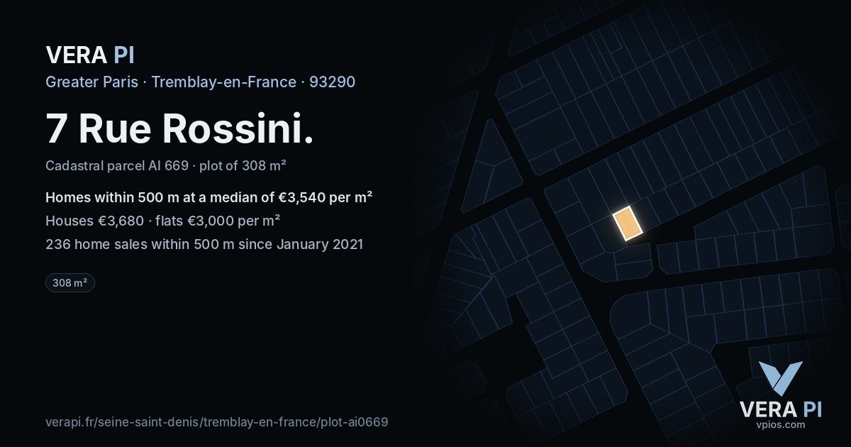 7 Rue Rossini, Tremblay-en-France at night – the plot lit, the parcels around coloured by the prices near them
