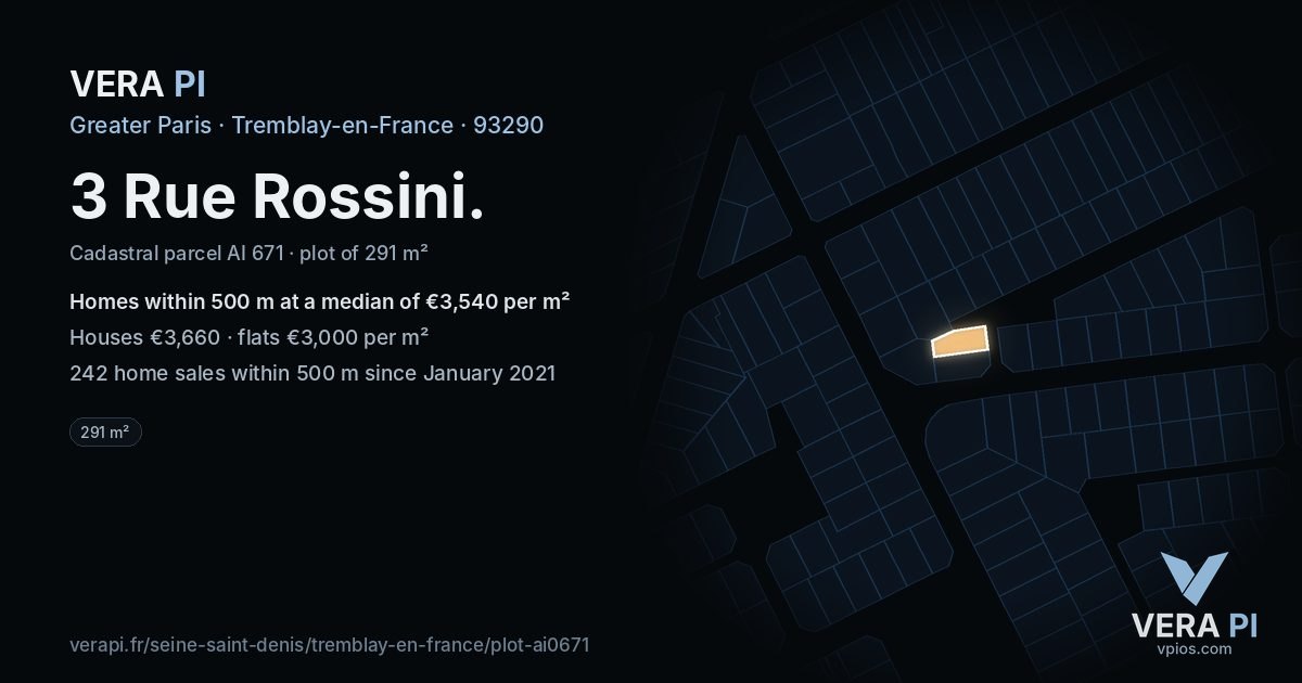 3 Rue Rossini, Tremblay-en-France at night – the plot lit, the parcels around coloured by the prices near them