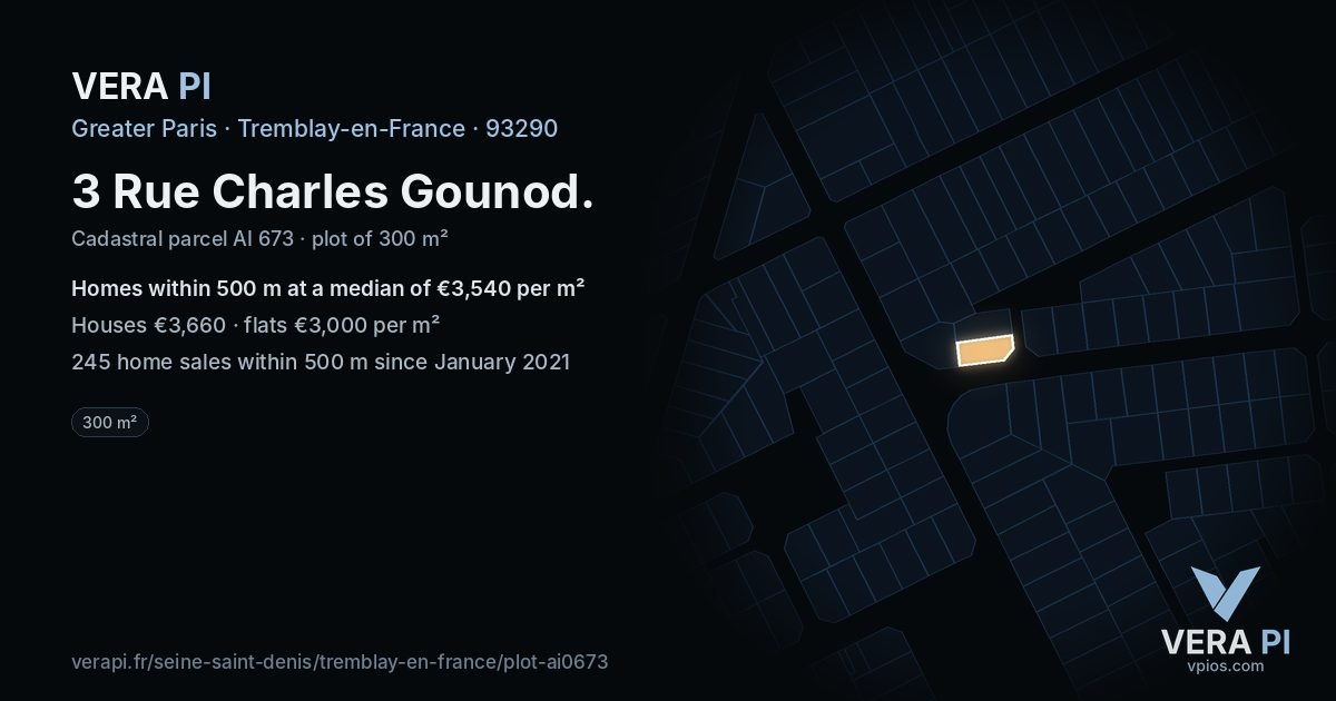 3 Rue Charles Gounod, Tremblay-en-France at night – the plot lit, the parcels around coloured by the prices near them