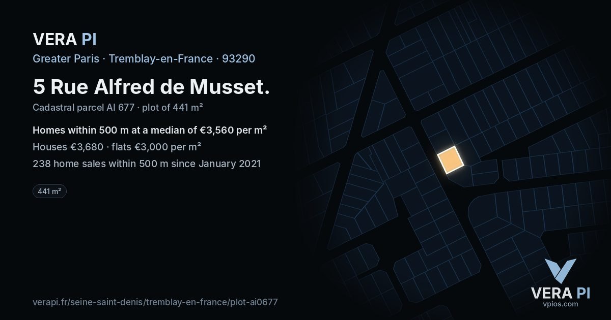 5 Rue Alfred de Musset, Tremblay-en-France at night – the plot lit, the parcels around coloured by the prices near them