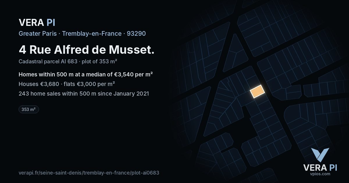 4 Rue Alfred de Musset, Tremblay-en-France at night – the plot lit, the parcels around coloured by the prices near them
