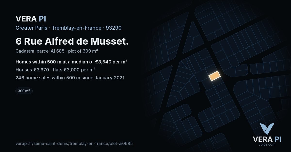 6 Rue Alfred de Musset, Tremblay-en-France at night – the plot lit, the parcels around coloured by the prices near them