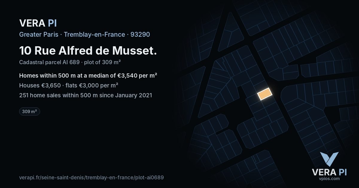 10 Rue Alfred de Musset, Tremblay-en-France at night – the plot lit, the parcels around coloured by the prices near them