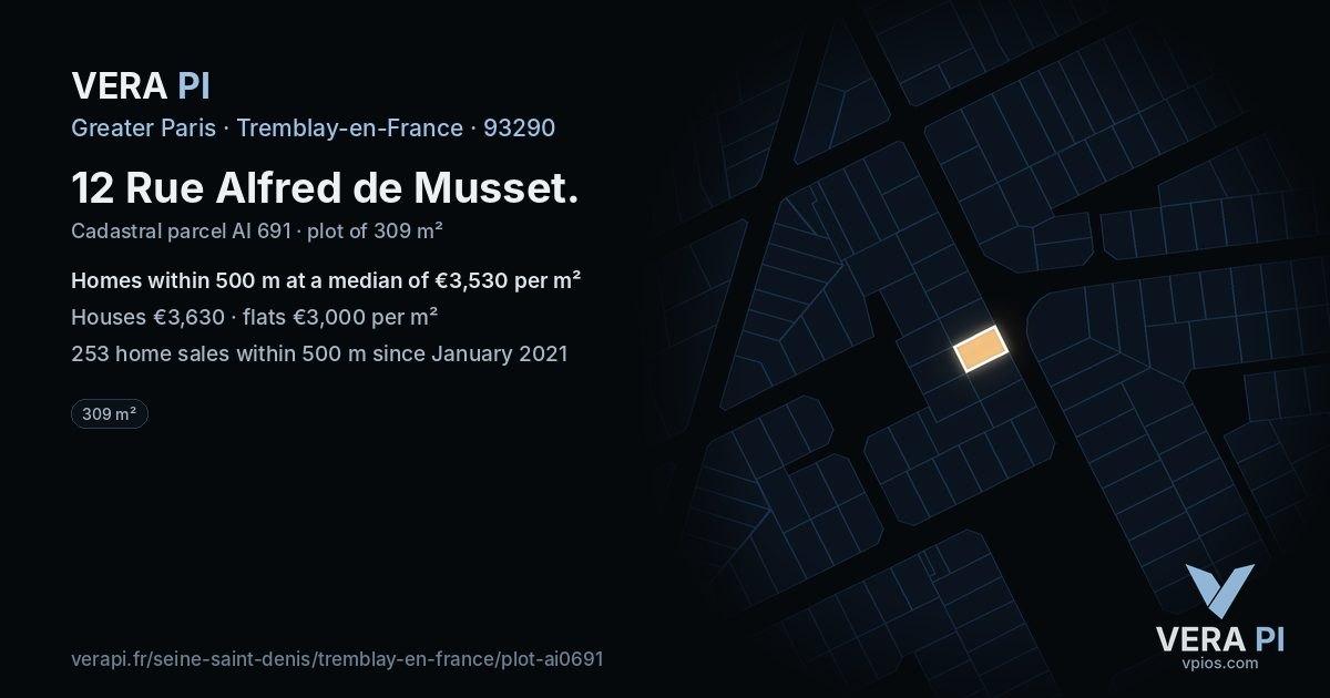 12 Rue Alfred de Musset, Tremblay-en-France at night – the plot lit, the parcels around coloured by the prices near them