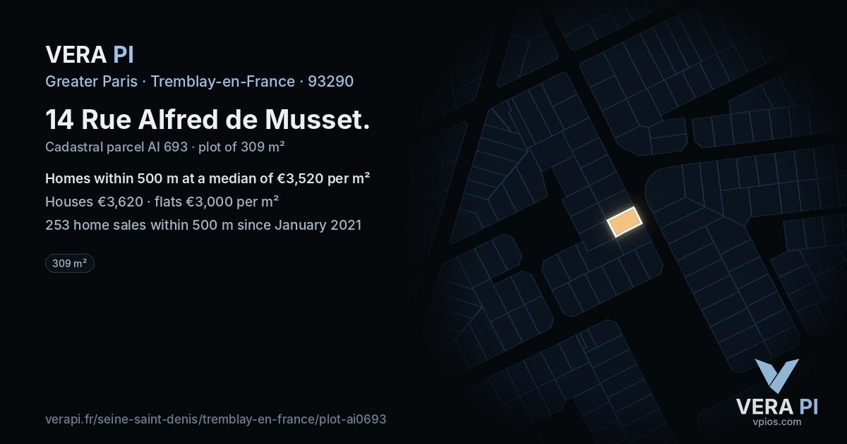 14 Rue Alfred de Musset, Tremblay-en-France at night – the plot lit, the parcels around coloured by the prices near them