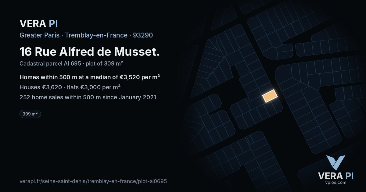 16 Rue Alfred de Musset, Tremblay-en-France at night – the plot lit, the parcels around coloured by the prices near them