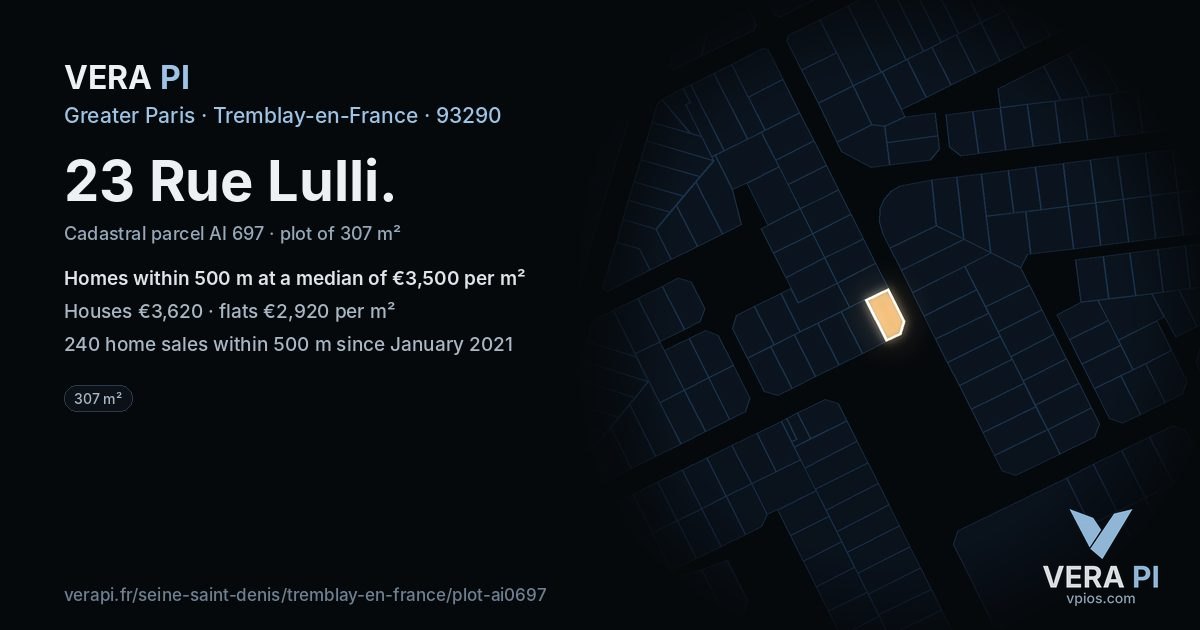 23 Rue Lulli, Tremblay-en-France at night – the plot lit, the parcels around coloured by the prices near them