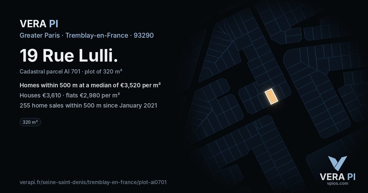 19 Rue Lulli, Tremblay-en-France at night – the plot lit, the parcels around coloured by the prices near them