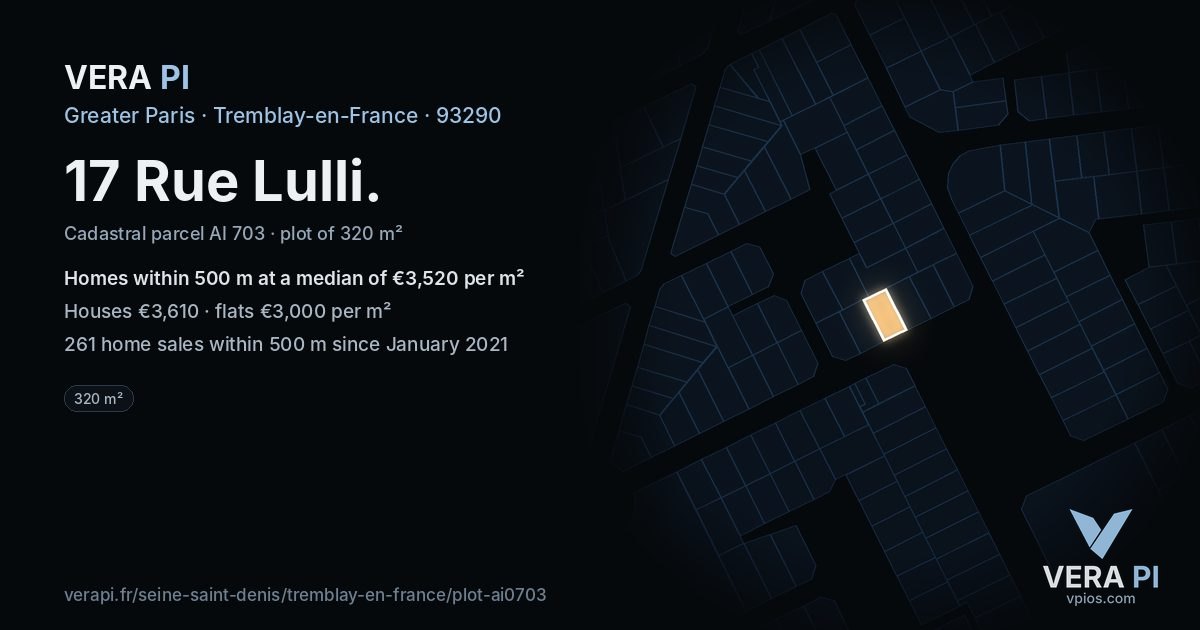 17 Rue Lulli, Tremblay-en-France at night – the plot lit, the parcels around coloured by the prices near them