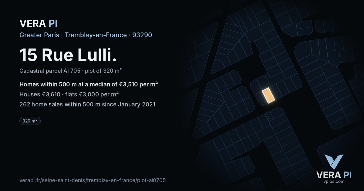 15 Rue Lulli, Tremblay-en-France at night – the plot lit, the parcels around coloured by the prices near them