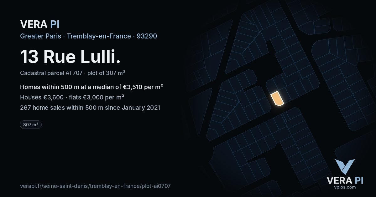 13 Rue Lulli, Tremblay-en-France at night – the plot lit, the parcels around coloured by the prices near them