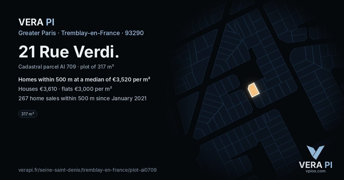 21 Rue Verdi, Tremblay-en-France at night – the plot lit, the parcels around coloured by the prices near them