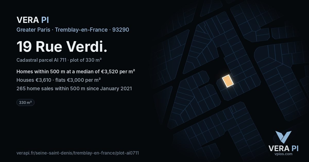 19 Rue Verdi, Tremblay-en-France at night – the plot lit, the parcels around coloured by the prices near them