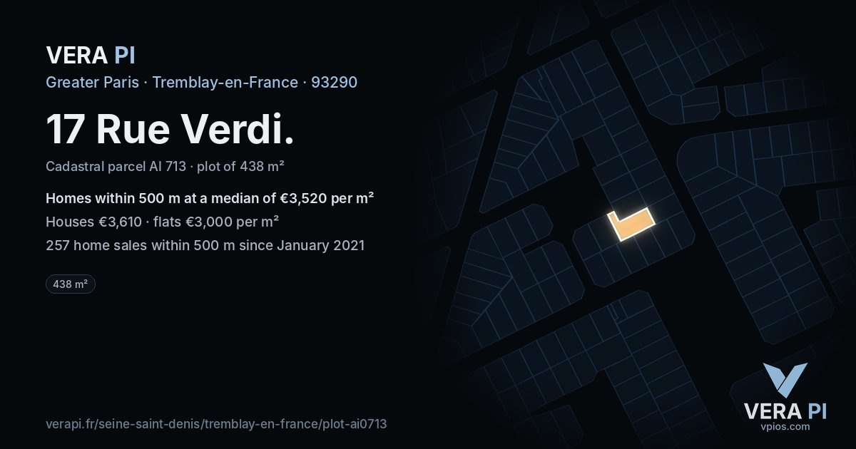 17 Rue Verdi, Tremblay-en-France at night – the plot lit, the parcels around coloured by the prices near them