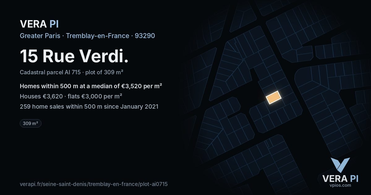 15 Rue Verdi, Tremblay-en-France at night – the plot lit, the parcels around coloured by the prices near them