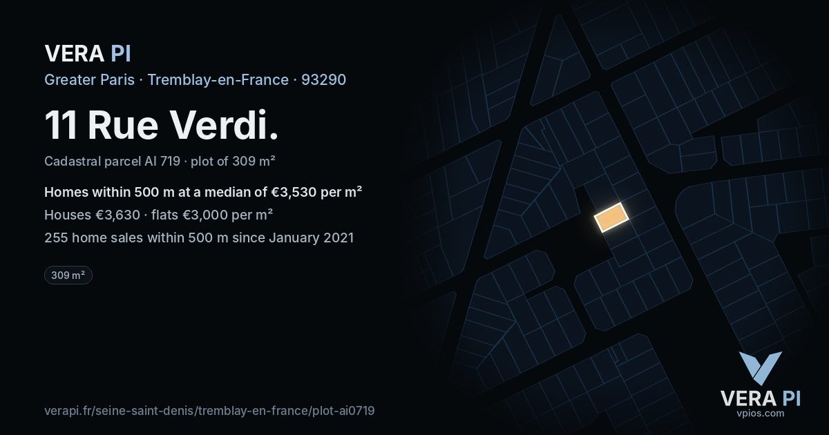 11 Rue Verdi, Tremblay-en-France at night – the plot lit, the parcels around coloured by the prices near them