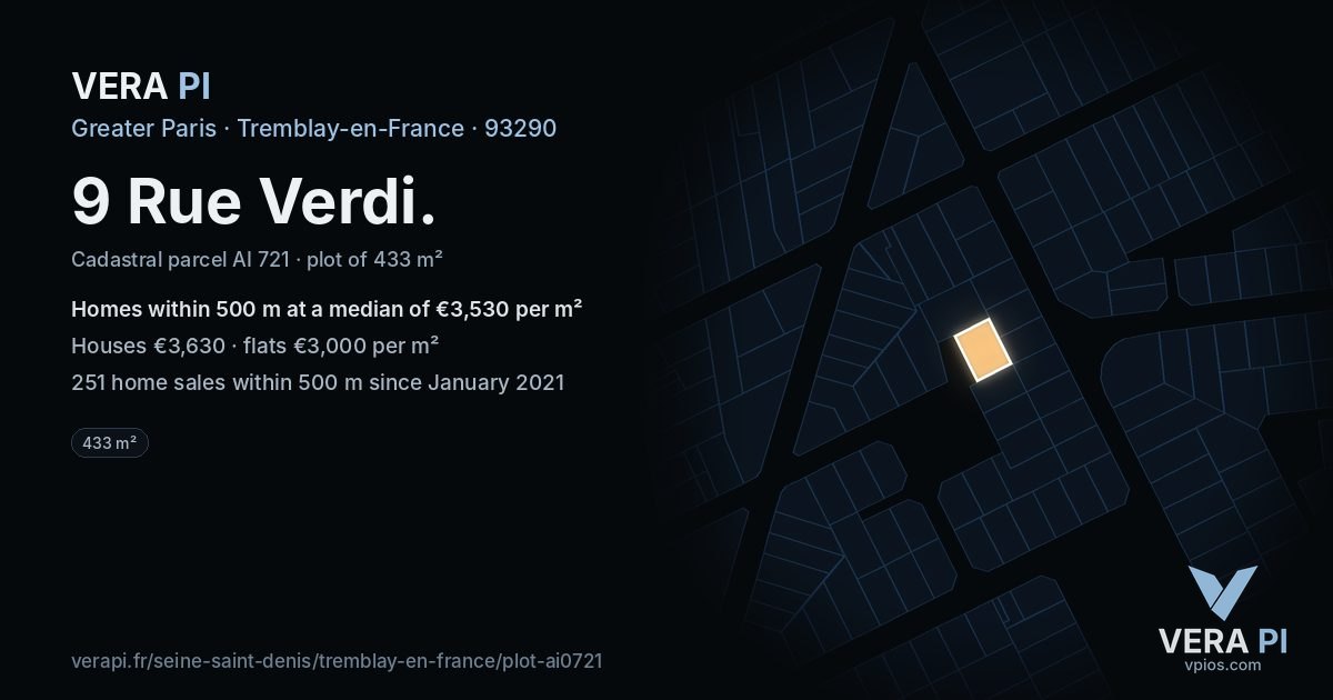 9 Rue Verdi, Tremblay-en-France at night – the plot lit, the parcels around coloured by the prices near them