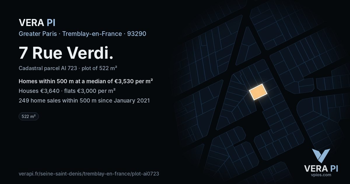 7 Rue Verdi, Tremblay-en-France at night – the plot lit, the parcels around coloured by the prices near them