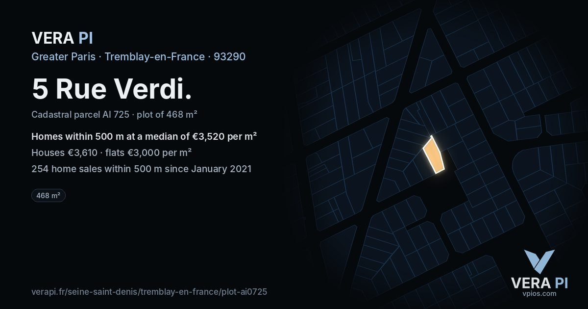 5 Rue Verdi, Tremblay-en-France at night – the plot lit, the parcels around coloured by the prices near them