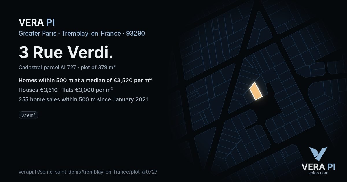 3 Rue Verdi, Tremblay-en-France at night – the plot lit, the parcels around coloured by the prices near them