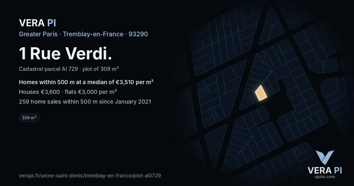 1 Rue Verdi, Tremblay-en-France at night – the plot lit, the parcels around coloured by the prices near them
