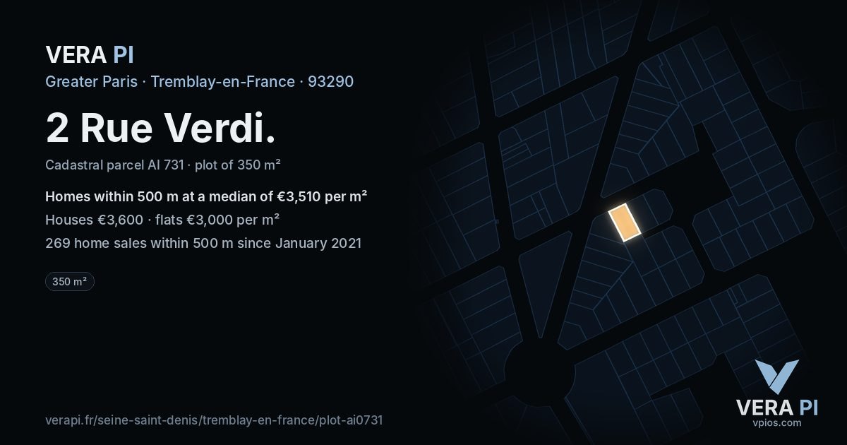 2 Rue Verdi, Tremblay-en-France at night – the plot lit, the parcels around coloured by the prices near them