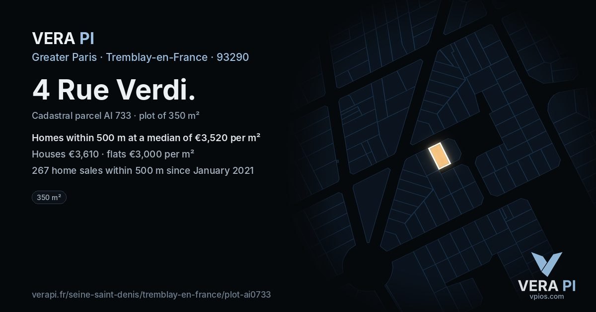 4 Rue Verdi, Tremblay-en-France at night – the plot lit, the parcels around coloured by the prices near them