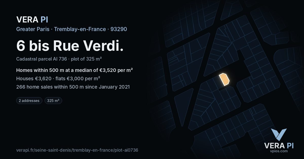 6 bis Rue Verdi, Tremblay-en-France at night – the plot lit, the parcels around coloured by the prices near them