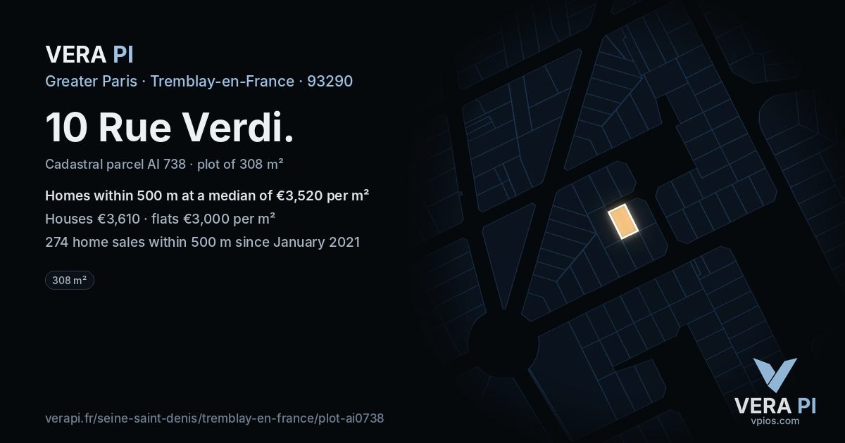 10 Rue Verdi, Tremblay-en-France at night – the plot lit, the parcels around coloured by the prices near them