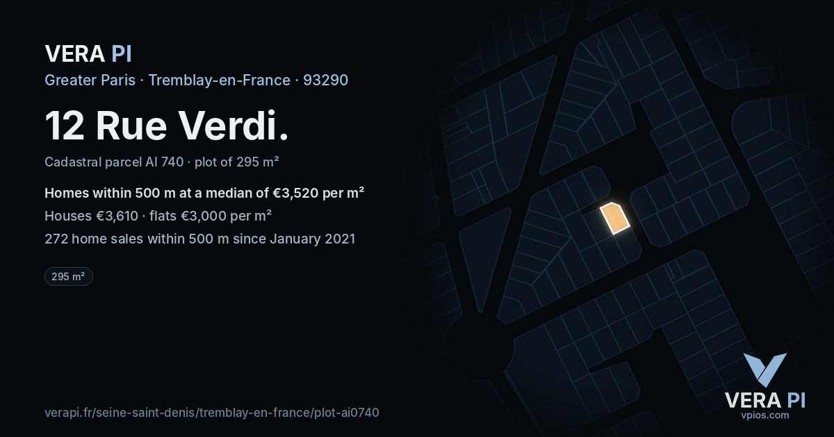 12 Rue Verdi, Tremblay-en-France at night – the plot lit, the parcels around coloured by the prices near them