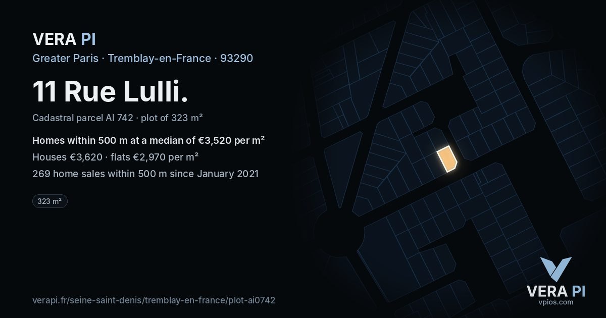11 Rue Lulli, Tremblay-en-France at night – the plot lit, the parcels around coloured by the prices near them