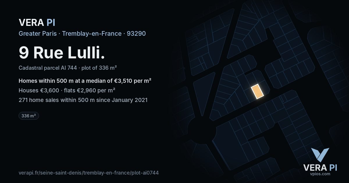 9 Rue Lulli, Tremblay-en-France at night – the plot lit, the parcels around coloured by the prices near them