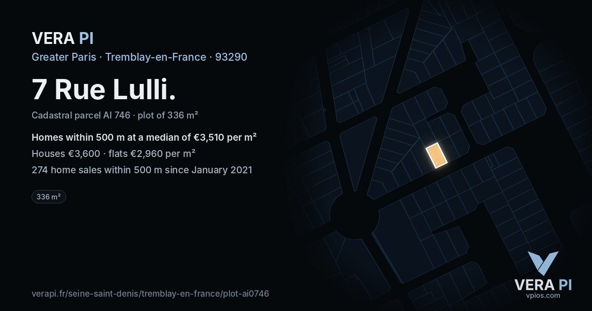 7 Rue Lulli, Tremblay-en-France at night – the plot lit, the parcels around coloured by the prices near them