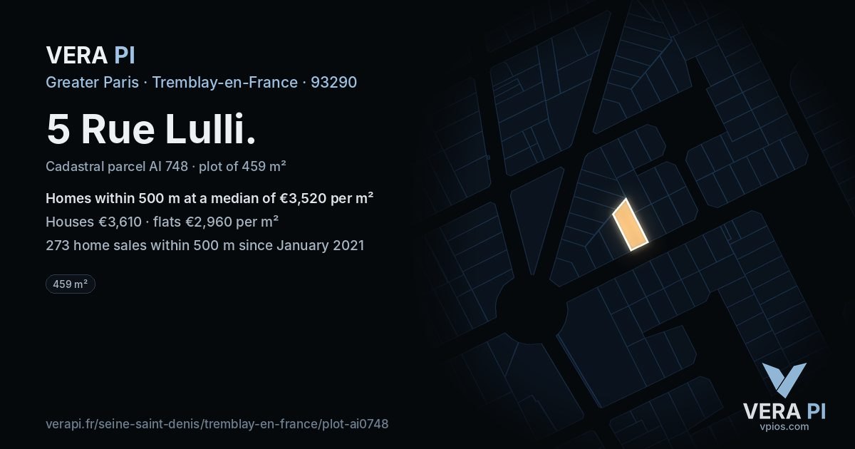 5 Rue Lulli, Tremblay-en-France at night – the plot lit, the parcels around coloured by the prices near them