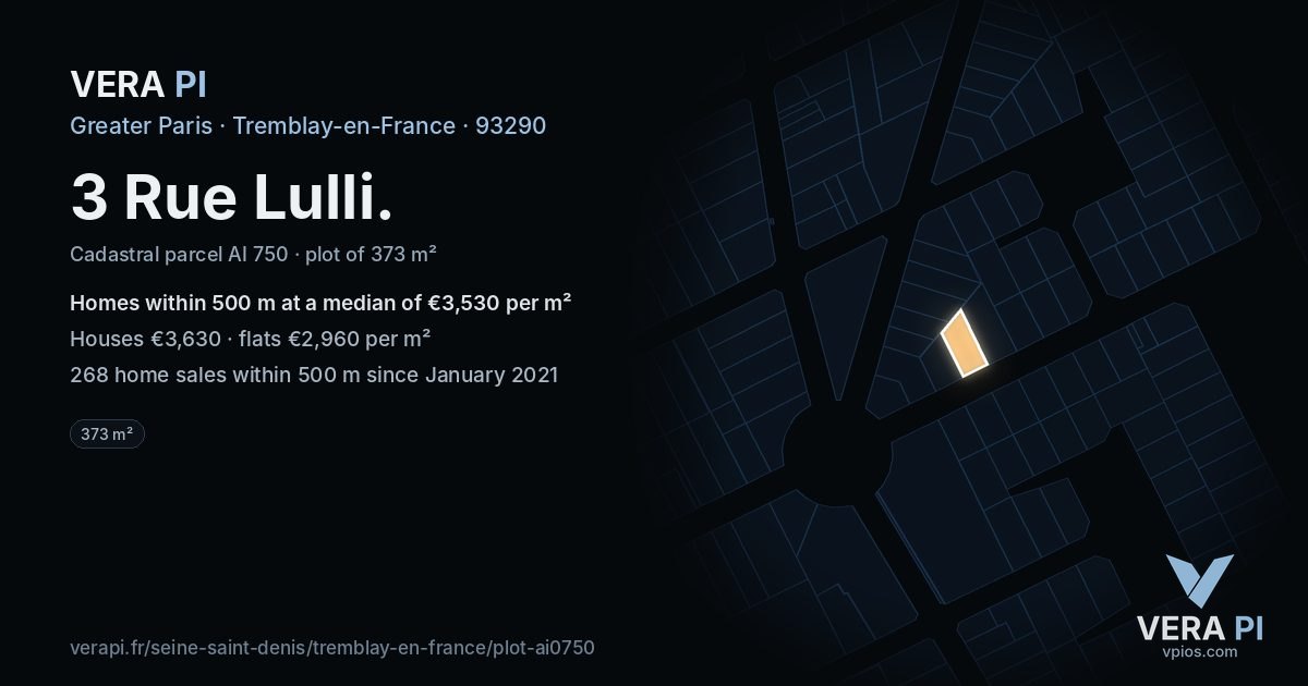 3 Rue Lulli, Tremblay-en-France at night – the plot lit, the parcels around coloured by the prices near them