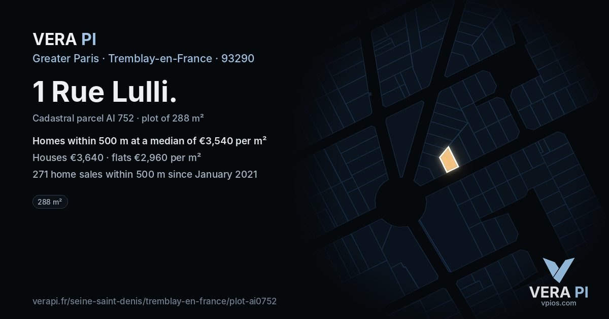 1 Rue Lulli, Tremblay-en-France at night – the plot lit, the parcels around coloured by the prices near them