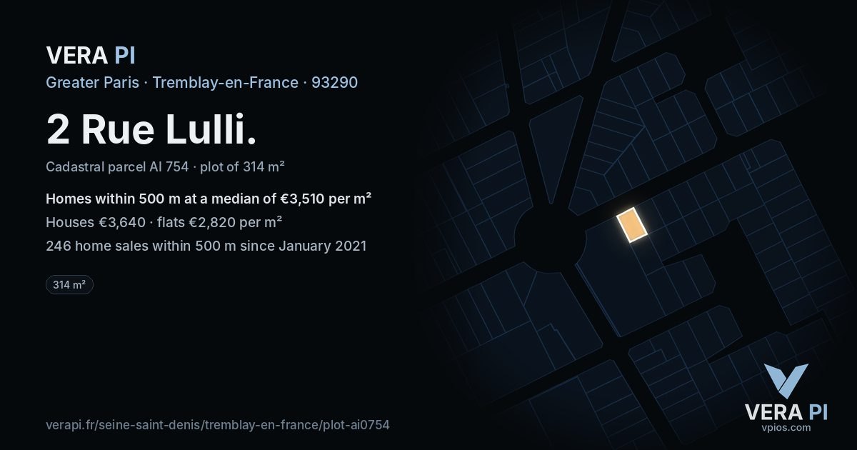 2 Rue Lulli, Tremblay-en-France at night – the plot lit, the parcels around coloured by the prices near them