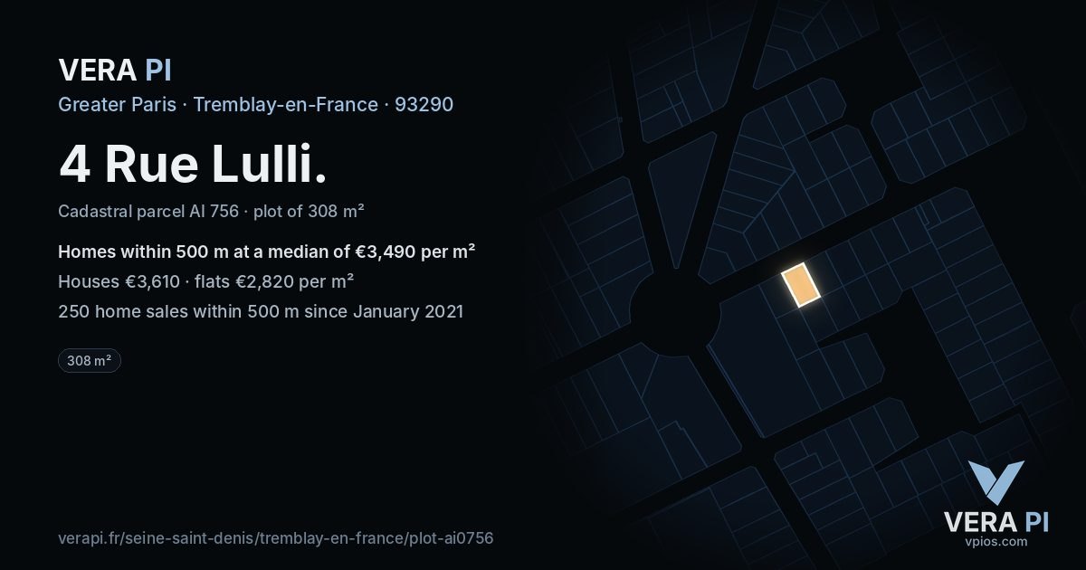 4 Rue Lulli, Tremblay-en-France at night – the plot lit, the parcels around coloured by the prices near them