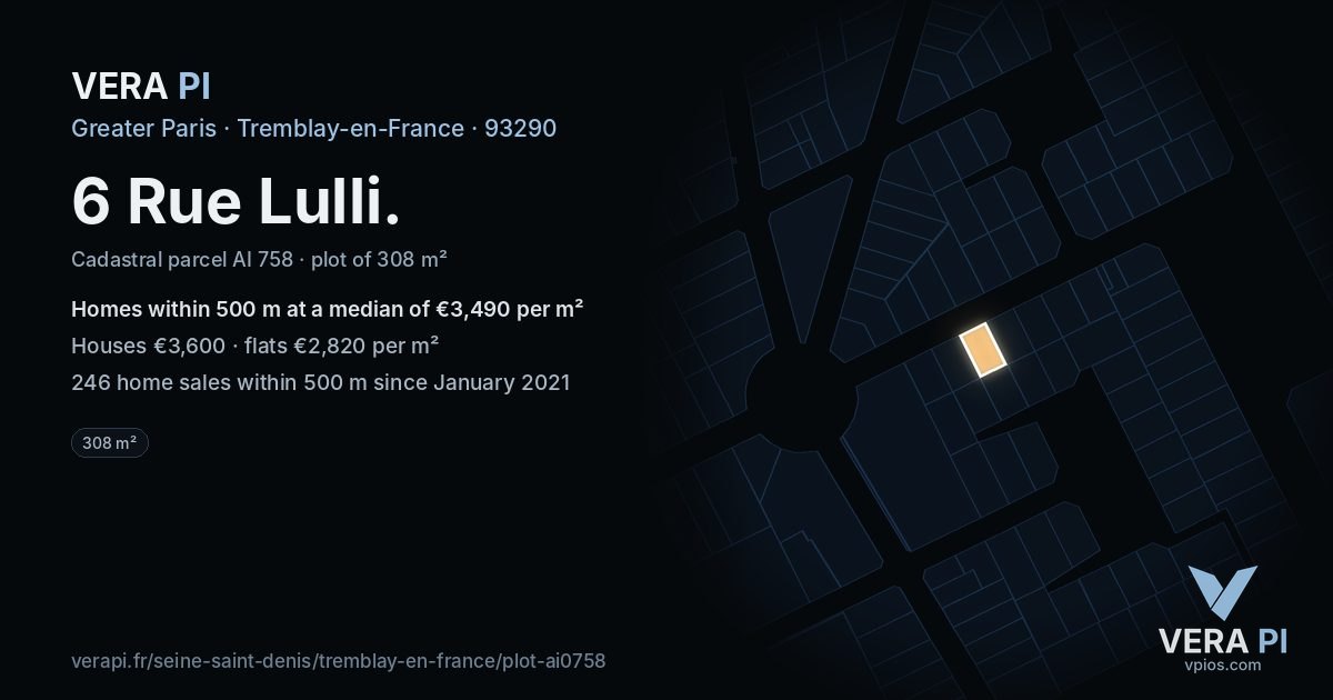 6 Rue Lulli, Tremblay-en-France at night – the plot lit, the parcels around coloured by the prices near them