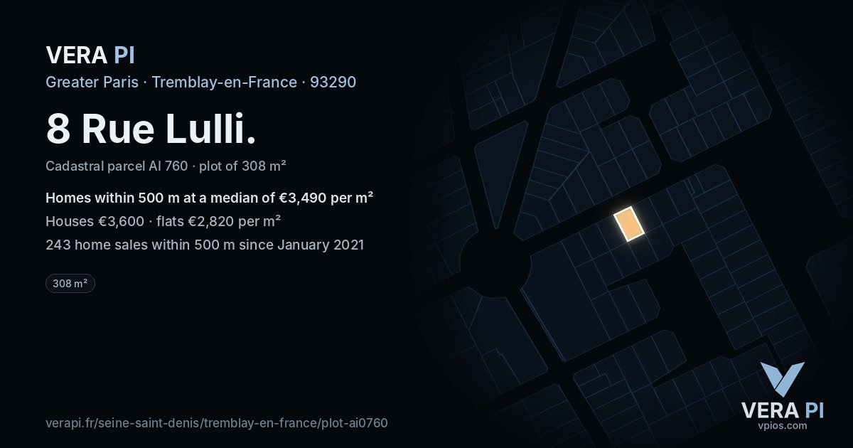 8 Rue Lulli, Tremblay-en-France at night – the plot lit, the parcels around coloured by the prices near them