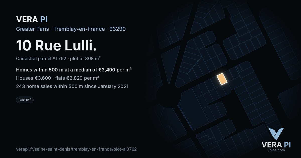 10 Rue Lulli, Tremblay-en-France at night – the plot lit, the parcels around coloured by the prices near them