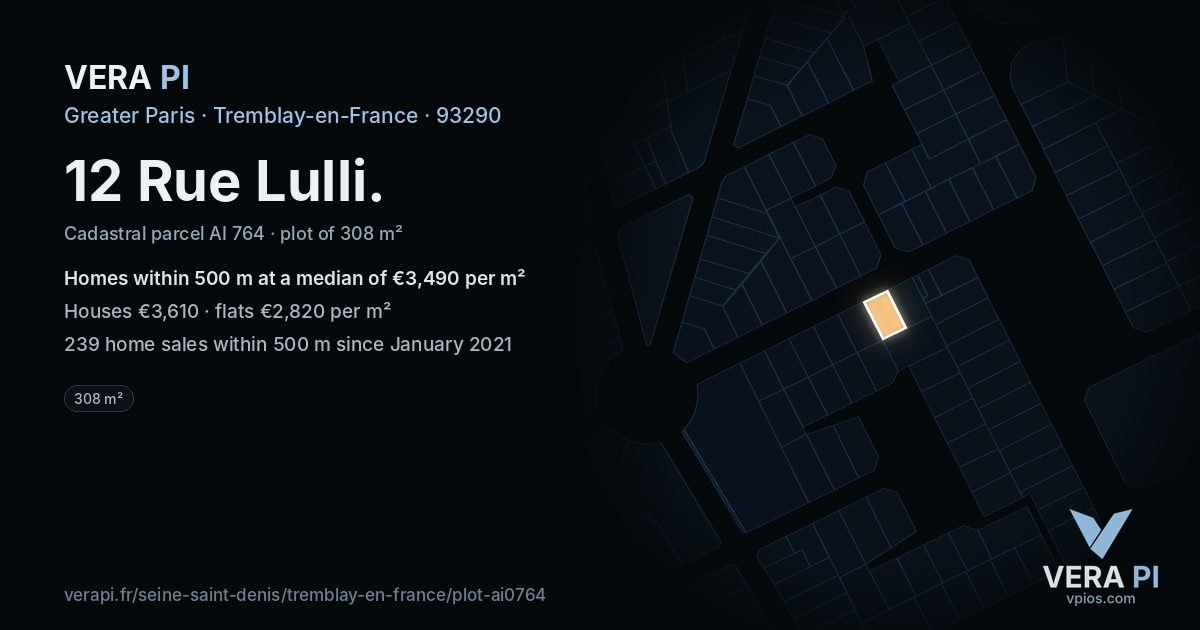 12 Rue Lulli, Tremblay-en-France at night – the plot lit, the parcels around coloured by the prices near them