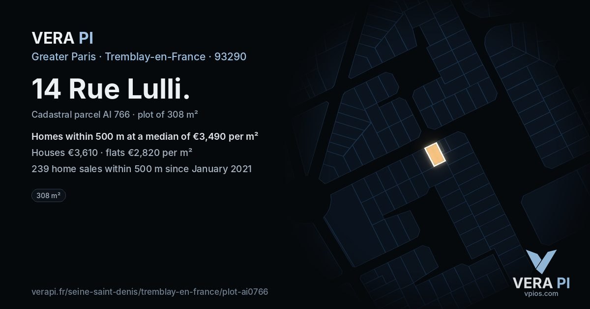 14 Rue Lulli, Tremblay-en-France at night – the plot lit, the parcels around coloured by the prices near them