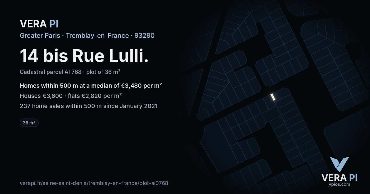 14 bis Rue Lulli, Tremblay-en-France at night – the plot lit, the parcels around coloured by the prices near them