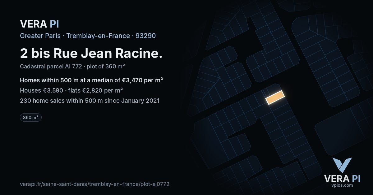 2 bis Rue Jean Racine, Tremblay-en-France at night – the plot lit, the parcels around coloured by the prices near them